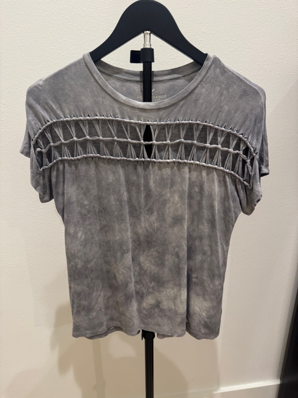aerie Grey Macramé Yoke Short Sleeve Tee